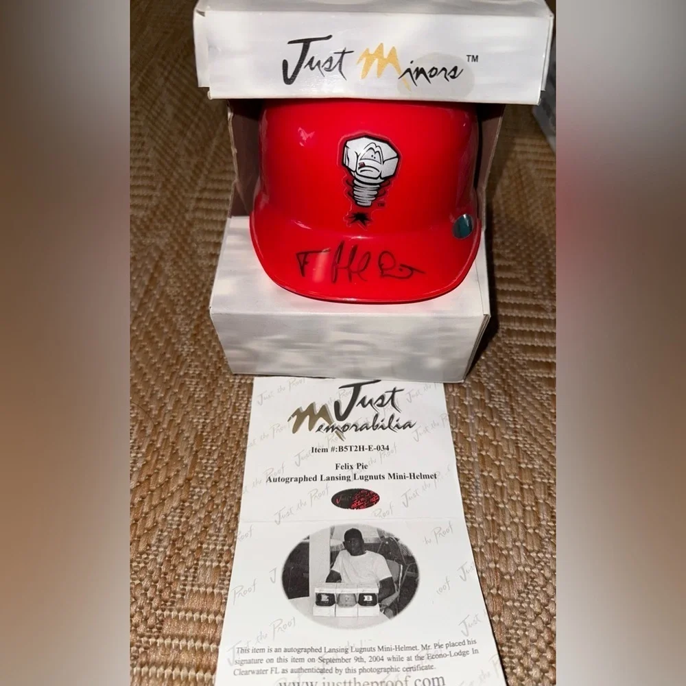 MLB Authentic Autographs,Félix Pie & Hank Blalock,2 Minor League Mini Helmets